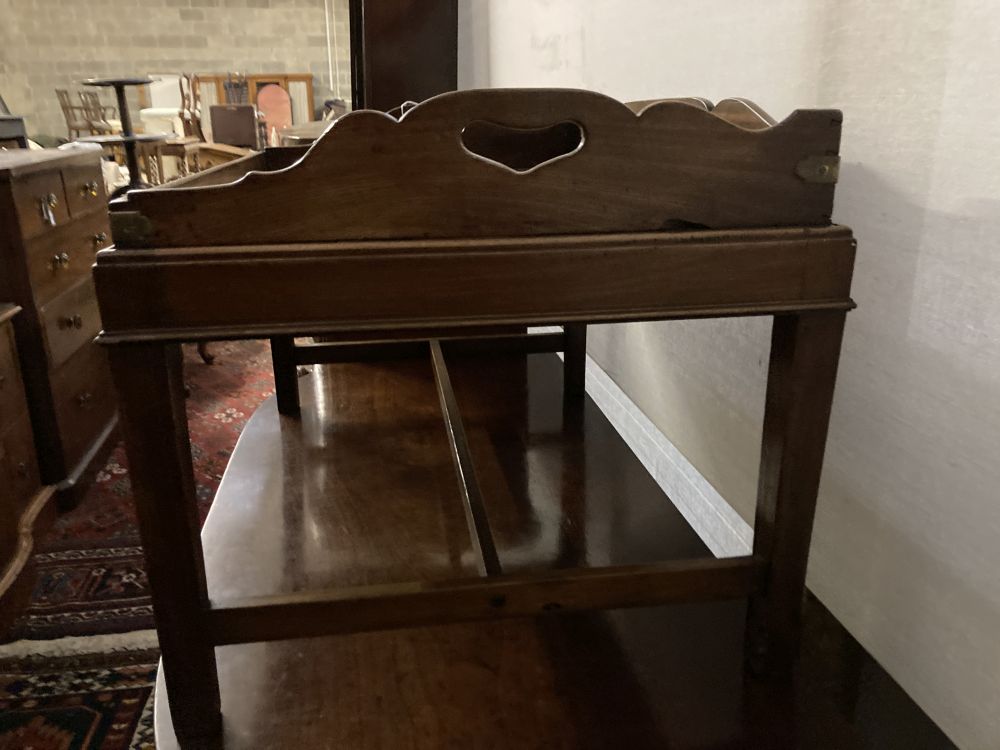 A Victorian rectangular mahogany butlers tray on later stand, width 78cm, depth 52cm, height 48cm